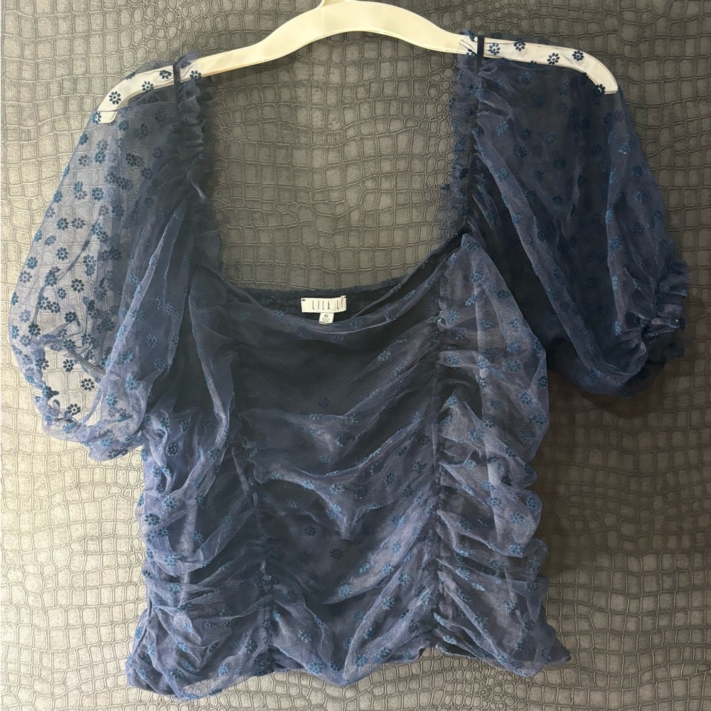 elegant blue sheer crop blouse with puff sleeves 🦋✨